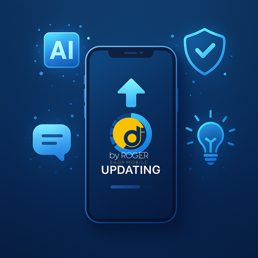 Smartphone in aggiornamento software con icone che rappresentano intelligenza artificiale, sicurezza e creatività.