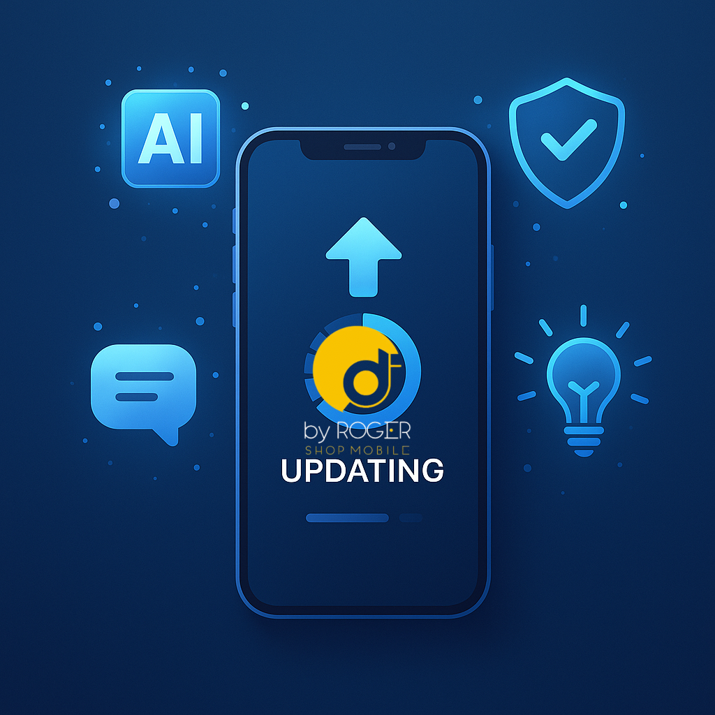  Smartphone in aggiornamento software con icone che rappresentano intelligenza artificiale, sicurezza e creatività.